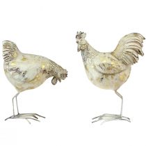Decoration Chickens White Gold Rooster Hen Vintage L13cm 2pcs
