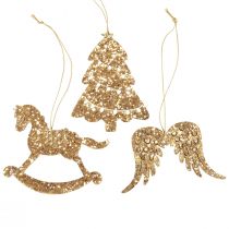 Product Decorative hanger wood gold glitter Christmas tree decoration 10cm 6pcs