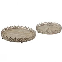 Product Vintage decorative tray round with feet grey Ø30/35cm set of 2