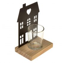 Product Lantern house metal black with wooden base H15cm 2pcs