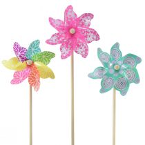 Product Windmill pink turquoise colorful summer decoration Ø15cm H48cm 3pcs