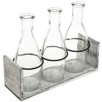Product Rustic bottle set in wooden carrier – 3 glass bottles, grey-white, 24x8x20 cm – Versatile for decoration
