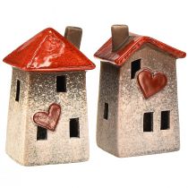 Product Loving ceramic houses – heart design, red &amp; natural, 17.5 cm – romantic decoration for the home 2 pieces