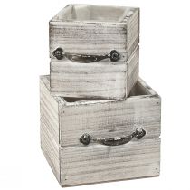 Product Wooden drawer set with handle, white wiped, 12x12cm &amp; 9x9cm - Rustic storage - set of 2
