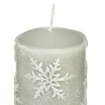 Product Pillar candles grey candles snowflakes 150/65mm 4pcs