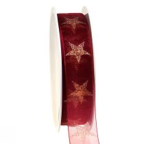 Christmas ribbon dark red gold with stars W25mm L18m