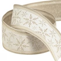 Product Christmas ribbon with snowflakes – winter ribbon with linen content white beige 40mm 12m