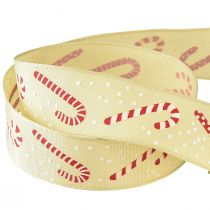 Product Christmas ribbon with candy canes gift ribbon beige 25mm 15m