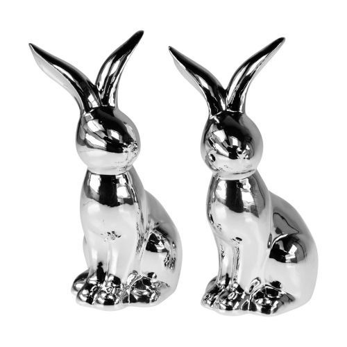 Floristik24 Decorative Easter Bunny Ceramic Decorative Bunny Sitting Silver 18cm 2pcs