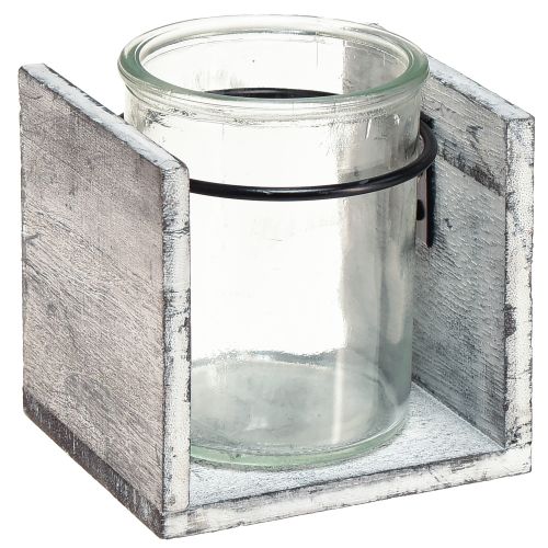 Glass tealight holder in rustic wooden frame – grey-white, 10x9x10cm – charming table decoration 3pcs