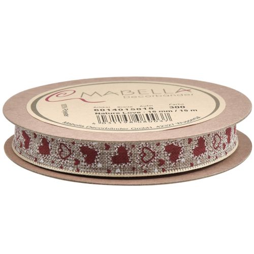 Product Gift ribbon hearts decorative ribbon beige red 15mm 15m