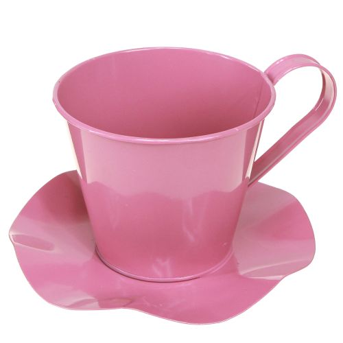 Decorative tea cup metal cup with plate pink Ø12 H10cm 8 pcs