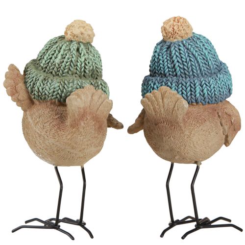 Product Decoration Bird with Hat Winter Decoration Blue Green H18cm 2 Pcs