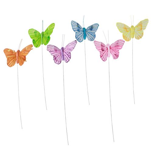 Decorative butterflies on wire colorful feathers 5.5×8cm 12pcs