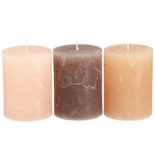 Floristik24 Solid coloured pillar candles 3 colours brown 60x80mm 12 pcs