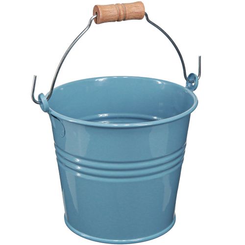 Floristik24 Decorative Bucket Metal Wooden Handle Flowerpot Blue H16cm 2pcs