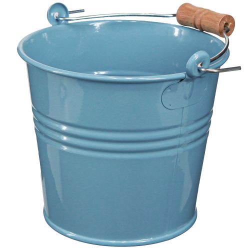 Product Decorative Bucket Metal Wooden Handle Flowerpot Blue H16cm 2pcs