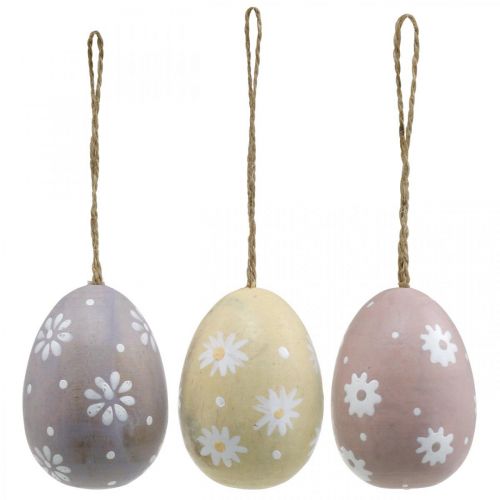 Product Easter eggs with flowers decoration for hanging wooden egg sorted 7cm 3pcs