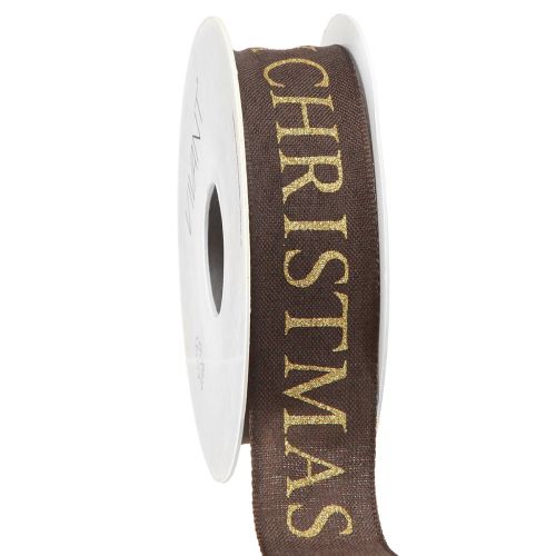 Floristik24 Elegant Christmas ribbon in dark brown with golden &#39;Merry Christmas&#39; lettering Width 25mm Length 15m