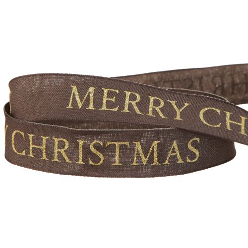 Product Elegant Christmas ribbon in dark brown with golden &#39;Merry Christmas&#39; lettering Width 25mm Length 15m