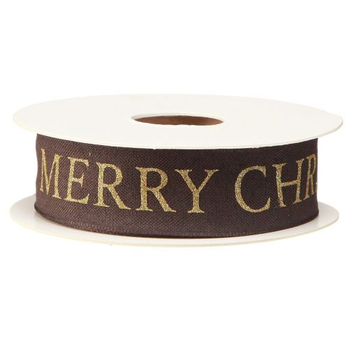 Product Elegant Christmas ribbon in dark brown with golden &#39;Merry Christmas&#39; lettering Width 25mm Length 15m