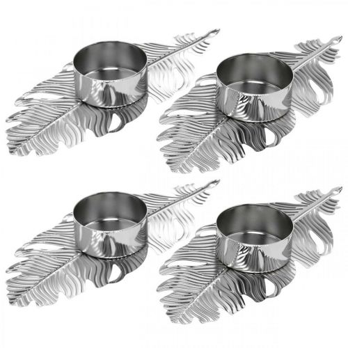 Floristik24 Tealight holder feathers, advent decoration, metal decoration, candle holder silver Ø3.8cm L16.5cm 4pcs