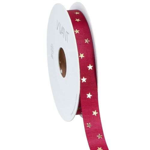 Floristik24 Festive decorative ribbon in dark red with golden stars Width 15mm Length 20m