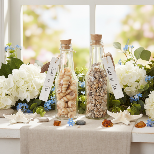 Product Set of 2 Glass Bottles with Seashells and Tags – 17cm Decorative Maritime Ornament