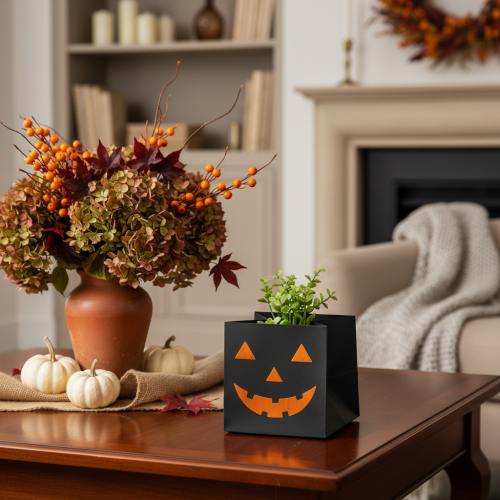 Product Pumpkin Face Paper Bags for Halloween Decoration, 10.5cm, Black and Orange, Set of 6