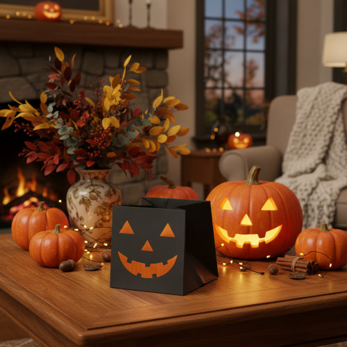 Product Pumpkin Face Paper Bags for Halloween Decoration, 10.5cm, Black and Orange, Set of 6