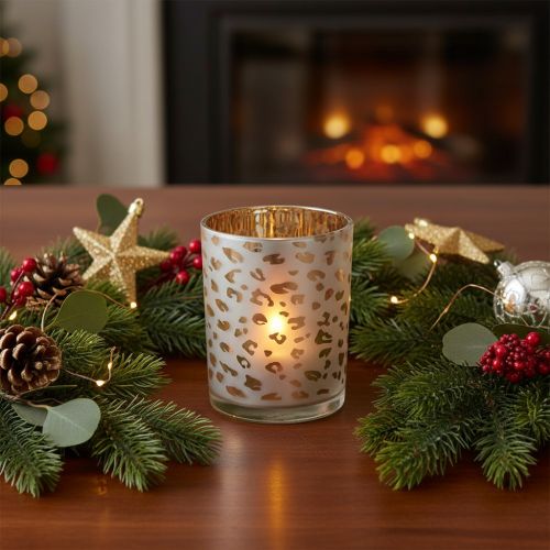 Product Glass Tealight Holder with Leopard Pattern, 12cm