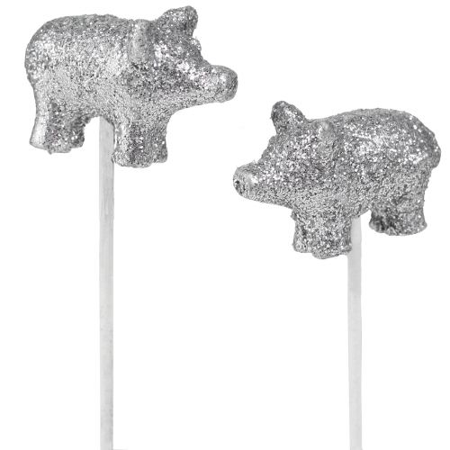 Floristik24 Lucky pig New Year&#39;s Eve lucky charm on a stick silver 3cm 6pcs