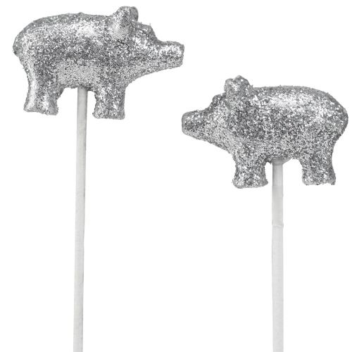 Product Lucky pig New Year&#39;s Eve lucky charm on a stick silver 3cm 6pcs