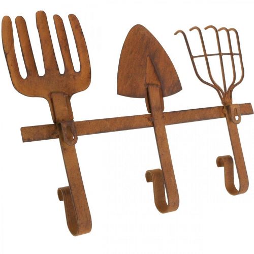 Product Hook bar garden tools, garden decoration, rake spade rake, wardrobe made of metal patina L33.5cm