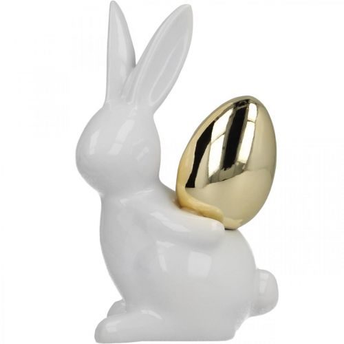 Product Rabbits with gold egg, ceramic rabbits for Easter noble white, golden H13cm 2pcs