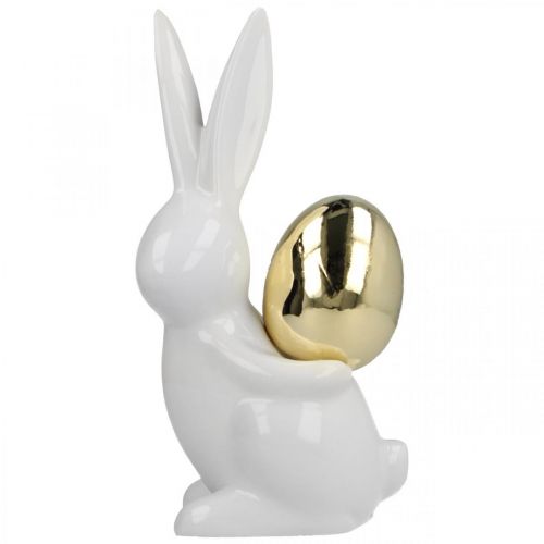 Product Easter bunnies elegant, ceramic bunnies with gold egg, Easter decoration white, golden H18cm 2pcs