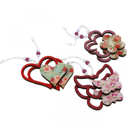 Product Spring pendant, butterfly heart flower, wooden decoration with flower pattern H8.5/9/7.5cm 6pcs