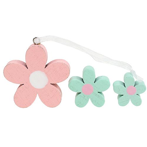 Product Wooden flowers for hanging, scatter decoration pink, green 12 pcs