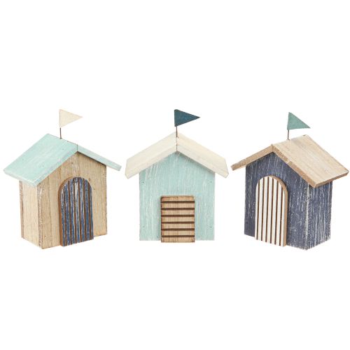 Wooden House Beach House Decoration Natural Blue H9.5cm 3 pcs