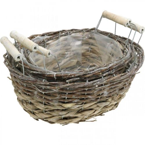 Product Natural basket for planting, basket with handles, planter shabby chic white washed L31/27.5/24cm H12/11.5/10cm set of 3