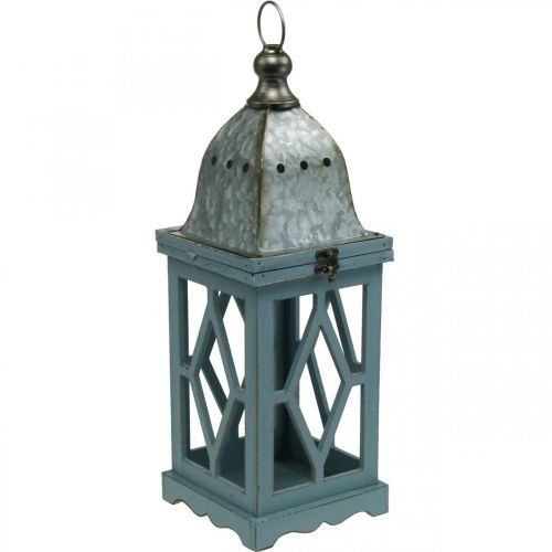 Wooden lantern with metal decoration, decorative lantern for hanging, garden decoration blue-silver H51cm