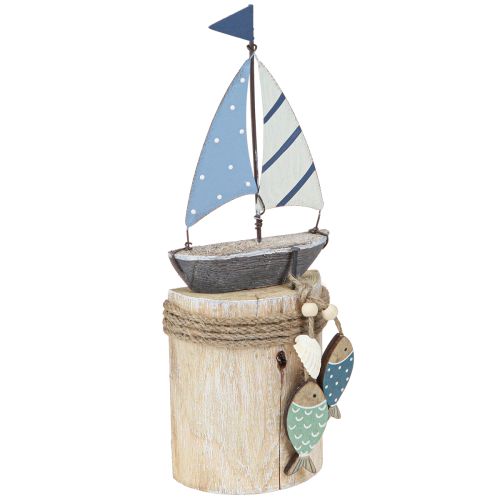 Maritime Decoration Sailboat Wood with Fish White Blue H24cm