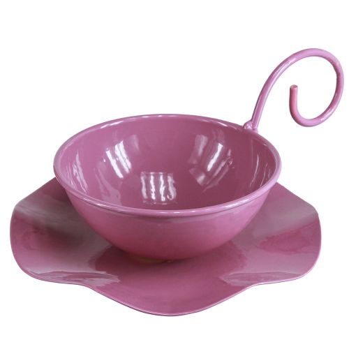 Metal decorative cup with saucer pink H8cm Ø11.5cm 2pcs