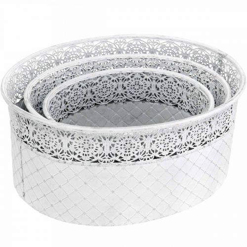 Product Bowl for planting, metal vessel with lace pattern, decorative pot oval white, silver shabby chic L41.5/35/29.5 cm H19/16/14.5 cm set of 3
