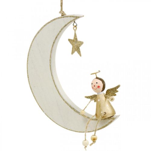 Product Advent decoration, angel on moon, wooden decoration for hanging white, golden H14.5cm W21.5cm 3pcs