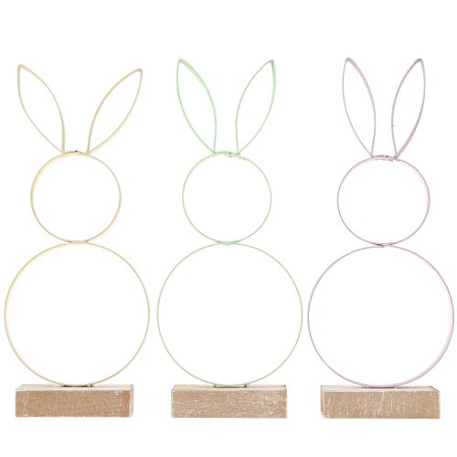 Product Easter Bunny Decoration Metal Wood Yellow Mint Pink H21cm 3pcs