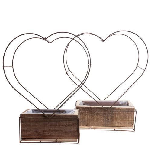 Product Planter wooden heart decoration rust H41cm/39cm set of 2