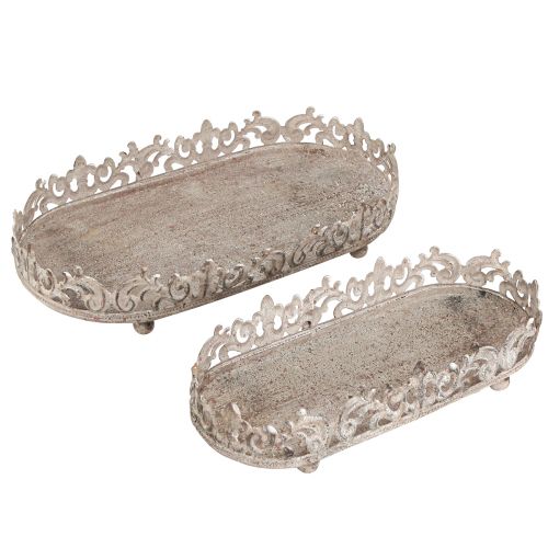 Decorative tray oval antique look grey rust 26/21cm set of 2