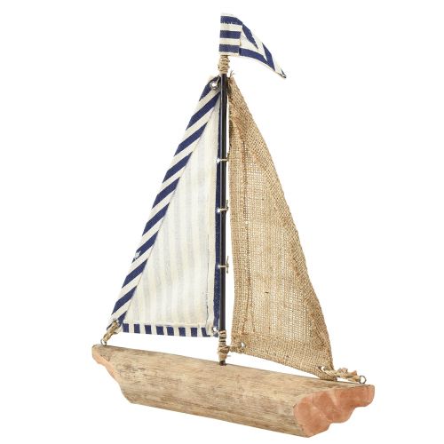 Product Sailboat decoration ship with blue and white sail and jute H42cm