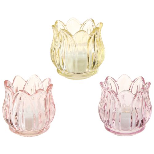 Tealight Glass Flower Lantern Glass 3 Colors Ø7cm H7cm 6pcs